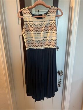 dolan Cream and Navy Patterned A-Line Dress